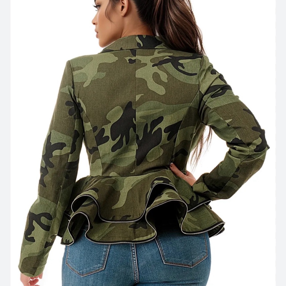 New! The “Zip” Peplum Blazer Camouflage With Zipper Trim Double Breasted Buttons - Picture 7 of 9